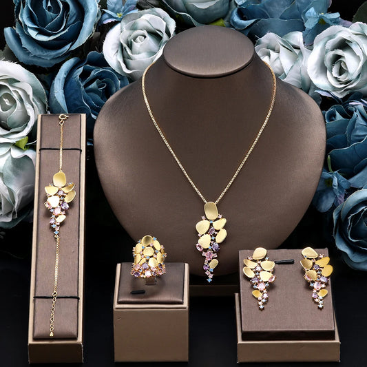 Luckacco Dubai Saudi Arabia Trendy Gold Plated Pendant 4pcs Necklace Set Fashion Women Cubic Zirconia Jewelry Sets Bridal Accessories