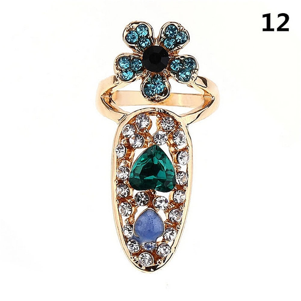 luckacco fashion rhinestone crown flower nail ring adjustable opening gold plated manicure joint ring for women party jewelry