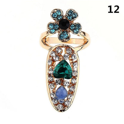 Luckacco Fashion Rhinestone Crown Flower Nail Ring Adjustable Opening Gold Plated Manicure Joint Ring for Women Party Jewelry