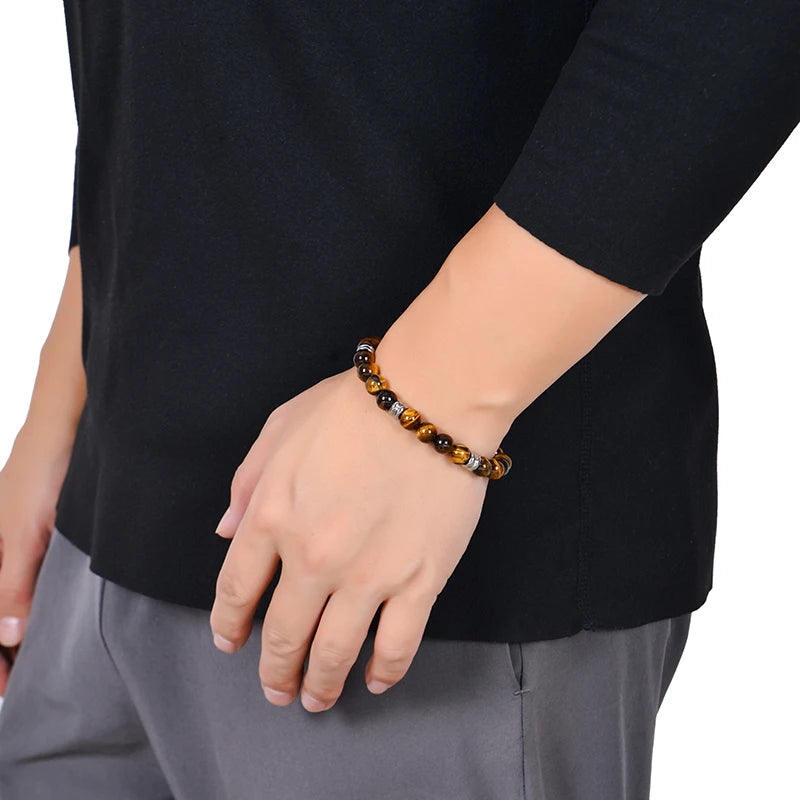 luckacco 8mm natural stone lapis lazuli beaded bracelet adjustable stainless steel chain bracelet for men women handmade jewelry gifts