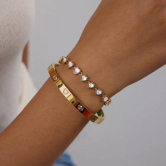 Luckacco Uworld Fashion Trend Zircon Heart Tennis Chain Bracelet 18K Gold Color Plated Stainless Steel Round Chain Stackable Bracelet Wom