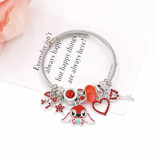Luckacco Disney Cartoon Cute Crystal Stitch Heart Bowknot Charms Bracelets for Women Girls Stainless Steel Bangle Jewelry Gifts for Fans