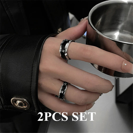 Luckacco Punk Harajuku Goth Thorns Black Silver Color Irregular Heart Cross Open Ring For Women Men Lover Vintage 90s Y2K Grunge Jewely