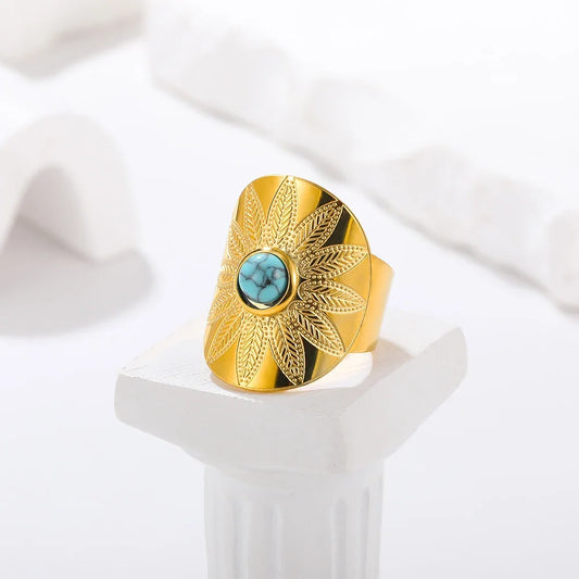 Luckacco Vintage Turquoise Wide Ring for Women Gold Color Stainless Steel Wheat Ear Adjustable Open Ring Fashion Party Jewelry Gift