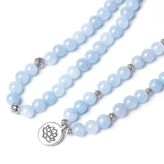 Luckacco 108 8mm Aquamarine Beaded Elastic Cord Wrap Mala Bracelet Meditation Yoga Healing Jewelry Women Charm Rosary Lotus Bangle