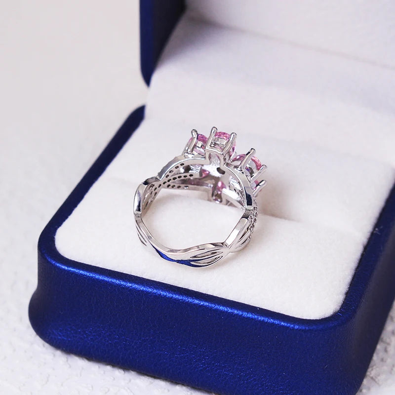 luckacco 2023 exquisite zircon women's ring pink flowers lady engagement ring party jewelry peach blossom ring fashion jewelry for women