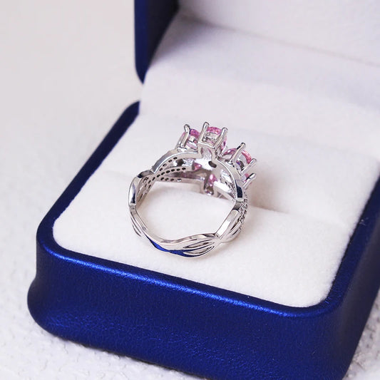 Luckacco 2023 Exquisite Zircon Women's Ring Pink Flowers Lady Engagement Ring Party Jewelry Peach Blossom Ring Fashion Jewelry For Women