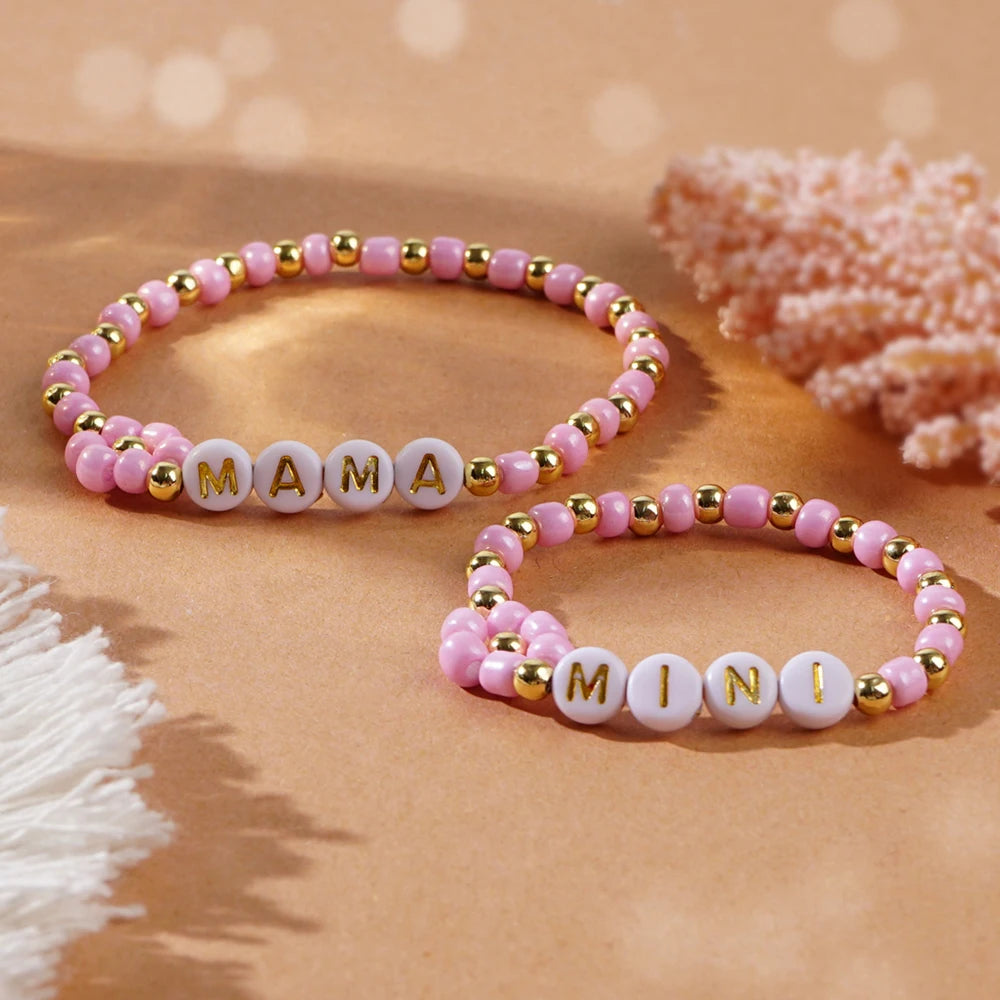 luckacco go2boho 2 pcs parenting stretch set custom mama & mini design multi beaded bracelets for women keep health to family gifts