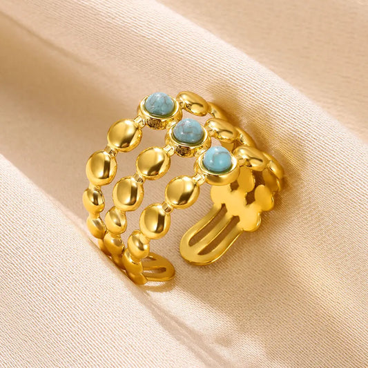 Luckacco Vintage Turquoise Wide Ring for Women Gold Color Stainless Steel Wheat Ear Adjustable Open Ring Fashion Party Jewelry Gift