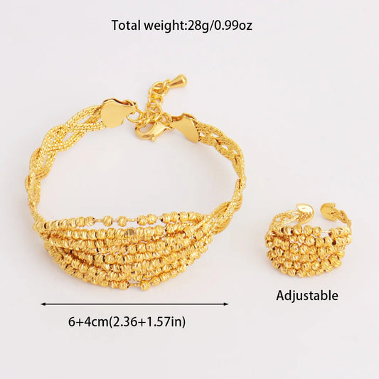 Luckacco Vintage Gold Color Middle East Women Jewelry Set Ethiopia Multi Layer And Multi Bead Design Bangle And Ring Wedding Easter Gift