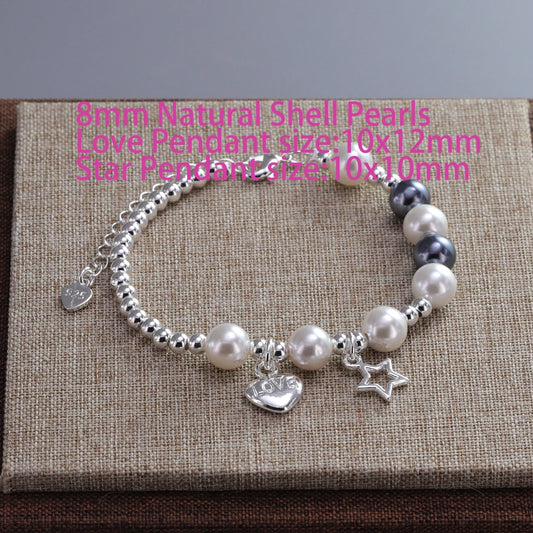 Luckacco VENTFILLE 925 Sterling Silver 6mm Shell Pearl Glass Bead Star Bracelet For Women Gift Crushed Silver Jewelry