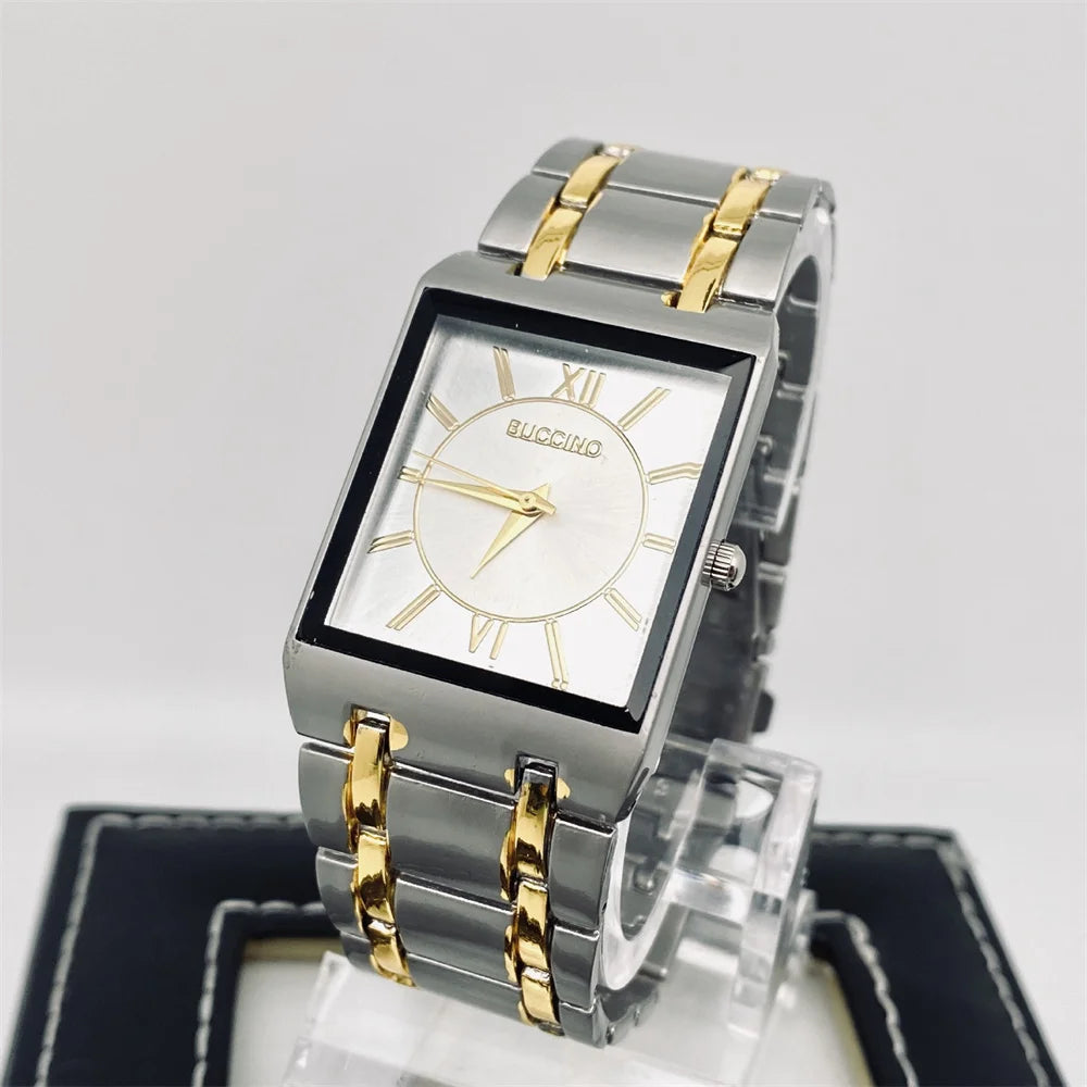 luckacco newest men watches fashion elegant rectangle dial steel clock quartz watch men's silver gold plated wristwatch masculino relogio
