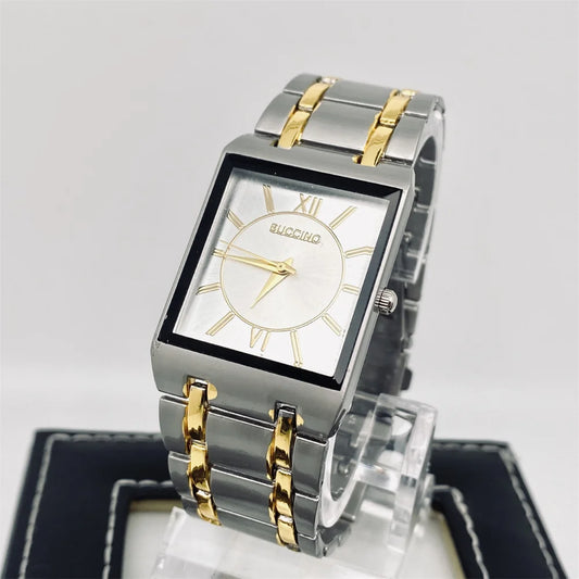 Luckacco Newest Men Watches Fashion Elegant Rectangle Dial Steel Clock Quartz Watch Men's Silver Gold Plated Wristwatch Masculino Relogio