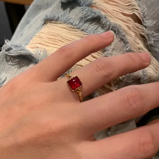 Luckacco Vintage Gothic Red Crystal Cross Geometry Open Rings for Women Y2k Punk Creative Grunge Jewelry Accessories Gift