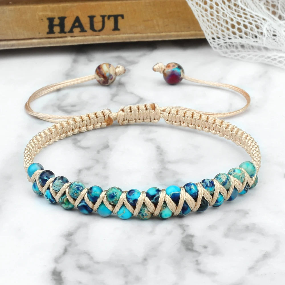 luckacco vintage 4mm natural stone beads bracelets & bangles for women men handmade adjustable braided rope chains meditation jewelry