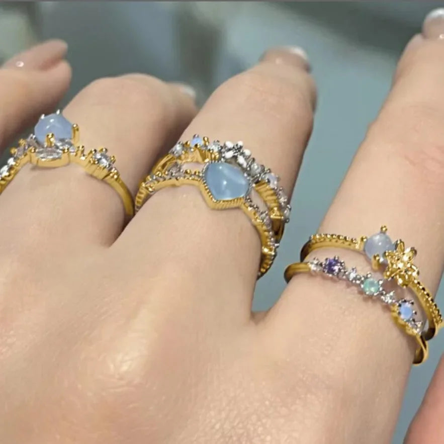 luckacco 2024 fashion jewelry crystal rings heart adjustable ring irregular geometry punk vintage rings set for women girls
