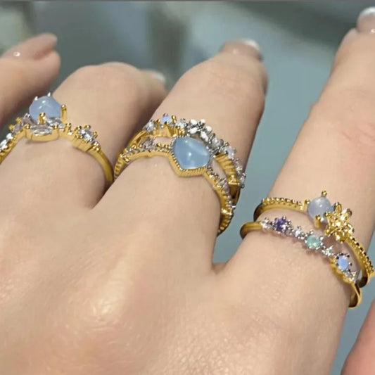 Luckacco 2024 Fashion Jewelry Crystal Rings Heart Adjustable Ring Irregular Geometry Punk Vintage Rings Set for Women Girls