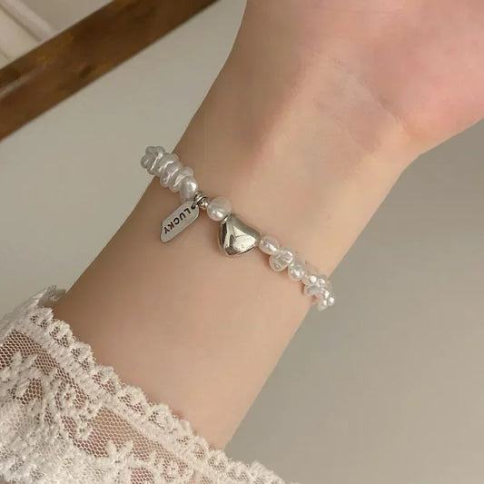 Luckacco New 925 Sterling Silver Bracelet Pearls Knots Bracelet for Women Fashion Heart Pearls Bracelet  Luxury Jewelry Accessories Gift