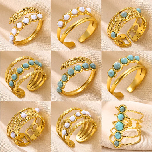 Luckacco Vintage Turquoise Wide Ring for Women Gold Color Stainless Steel Wheat Ear Adjustable Open Ring Fashion Party Jewelry Gift