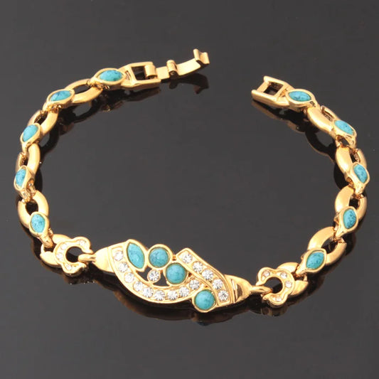 Luckacco U7 Gold Color Oval Horse Eyes Round Blue Turquoise Stone Beaded Chain Bracelets for Women Boho Jewelry Gift for Her QC