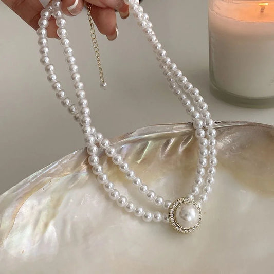 Luckacco New Baroque Pearl Choker Necklace For Women Luxury Wedding Party Triple-layer Beaded Necklace Torques Ladies Trendy Jewelry Gift