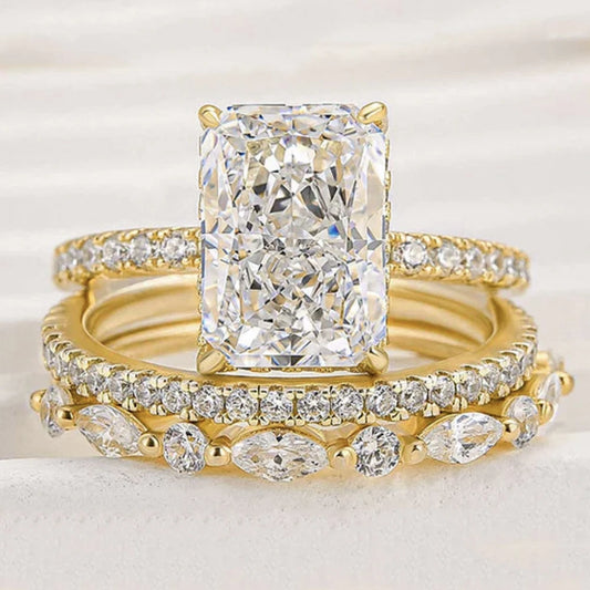 Luckacco Wong Rain Solid 925 Sterling Silver Crushed Ice Cut 7*10MM Lab Sapphire Gemstone Ring Sets 3Pcs Fine Jewelry Wedding Party Gifts