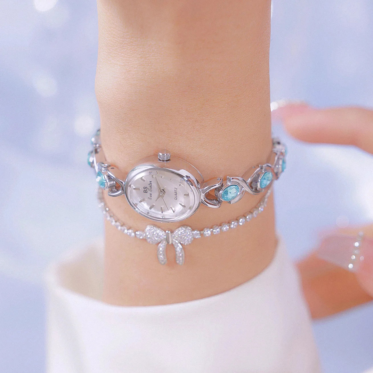 luckacco blue jewel oval bracelet watch luxury crystal quartz watches for woman vintage gold silver jade wristwatch gifts for women