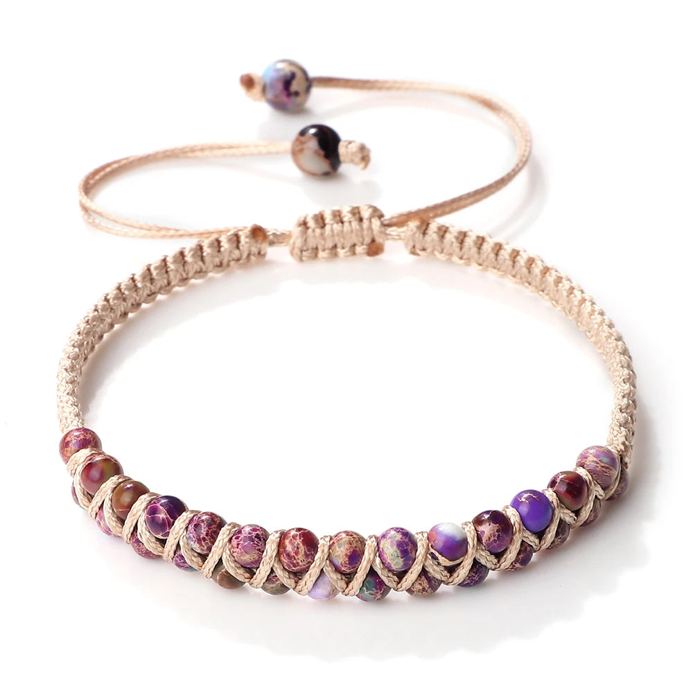 luckacco vintage 4mm natural stone beads bracelets & bangles for women men handmade adjustable braided rope chains meditation jewelry