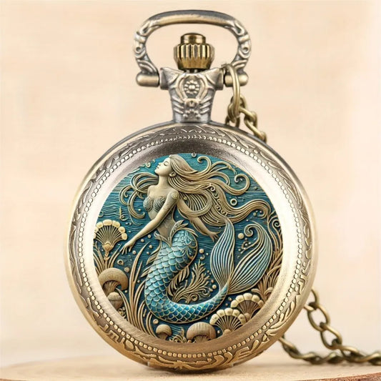 Luckacco Exquisite Vintage Mermaid Pattern Pocket Watch Design with Necklace,Precise Quartz Movement Watch,Great Gift for Women and Girls