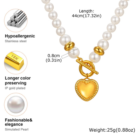 Luckacco High Quality Imitation Pearl Beaded Necklace, Stainless Steel OT Buckle Heart Pendant Choker, Luxury Statement Jewelry for Women