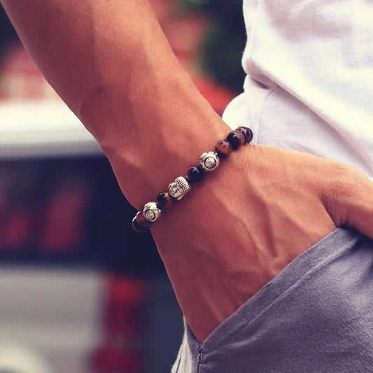 Luckacco Minimalist Men Bracelet Natural 8mm Stone Vintage Buddha Braclet Homme Meditation Yoga Jewelry Lava Tiger Eyes Beaded Braslet