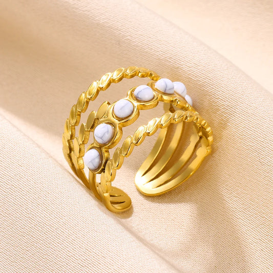 Luckacco Vintage Turquoise Wide Ring for Women Gold Color Stainless Steel Wheat Ear Adjustable Open Ring Fashion Party Jewelry Gift