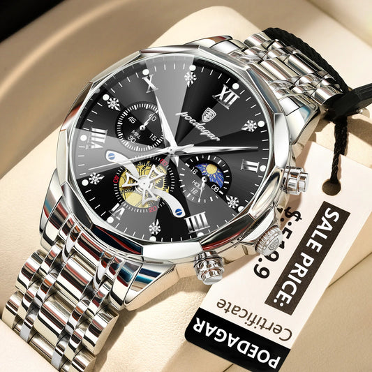 Luckacco POEDAGAR Luxury Men Watch Top Original Waterproof Luminous Chronograph Man Wristwatch Stainless Steel Quartz Men's Watches Reloj