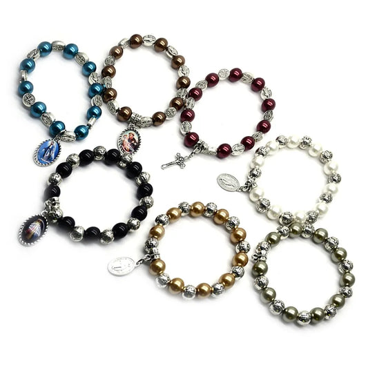 Luckacco Holy Father Mother Pendant Glass Pearl Beads Strand Elastic Bracelet For Men Women Religious Jewelry