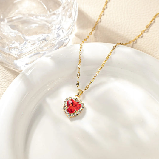 Luckacco Stainless Steel Chain Classic Shiny Colorful Zircon Heart Pendant Necklace for Women Lady Vintage Jewelry Accessories Gifts