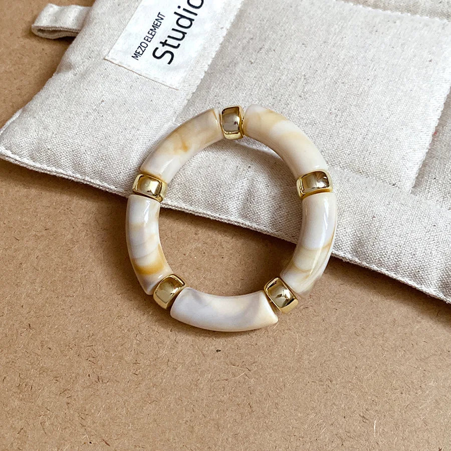 luckacco splicing bamboo tube acrylic smudging bangles for women men fashion geometric elastic bracelets bangles jewelry couple gifts f