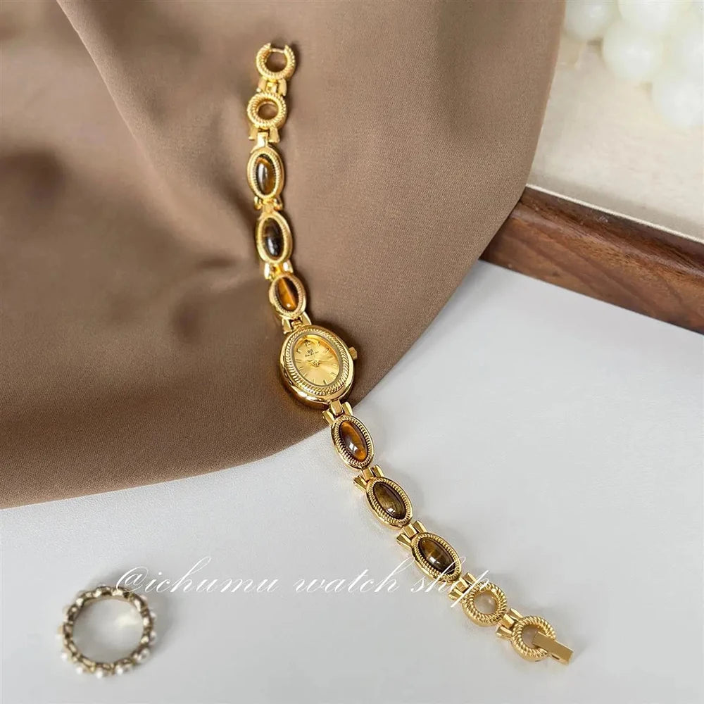 luckacco women's gold watch vintage brown jade bracelet small dial quartz daily wear party clock luxury waterproof ladies watches gifts