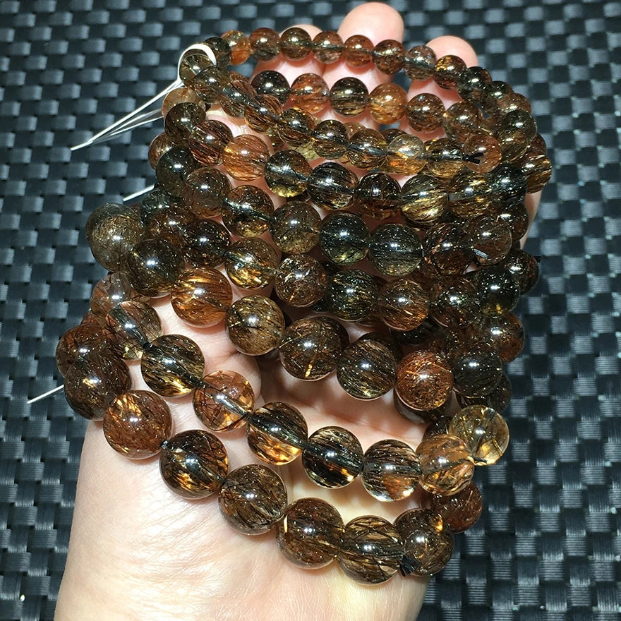 luckacco natural black gold super seven 7 rutilated quartz bracelet woman men copper rutilated rare clear round beads aaaaaaa
