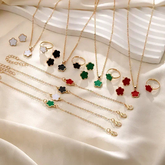 Luckacco Lucky Five-petal Flower Clover Earrings Necklace Ring Bracelet Four-piece Set for Woman Fashionable Accessories Party Jewelry