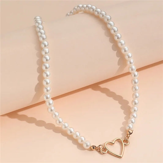 Luckacco Imitation Pearl Trendy Love Heart  Choker Necklace Female Personality Party Fashion Clavicle Collier Colar Perlas Collar Gift