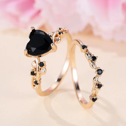 Luckacco Royal Blue Green Black Red Stone Heart Ring Sets for Women Rose Gold Color White Zircon Bridal Wedding Bands Mothers Day Jewelry