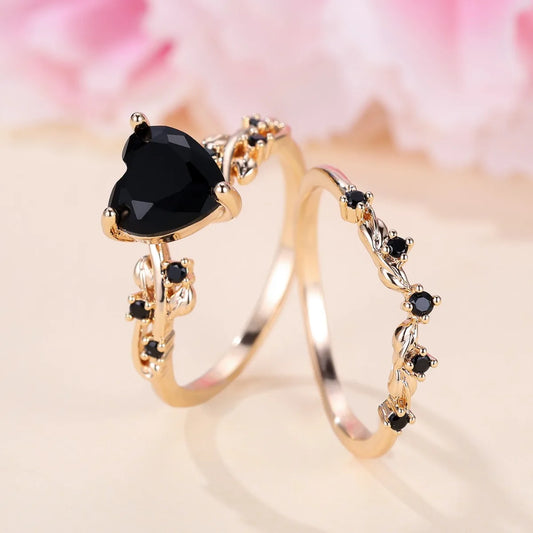 Luckacco Royal Blue Green Black Red Stone Heart Ring Sets for Women Rose Gold Color White Zircon Bridal Wedding Bands Mothers Day Jewelry