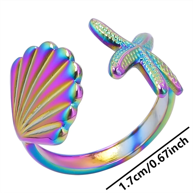 luckacco 1pc stylish marine jewelry ocean sea animals conch starfish shell ring stainless steel jellyfish scallop rings women charm gift