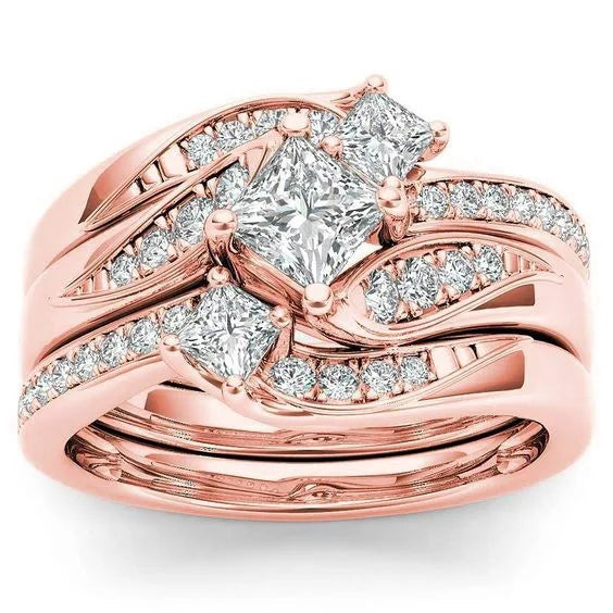 luckacco elegant rose gold silver gold color inlaid with white zircon rings set fashion party engagement wedding rings for women jewelry