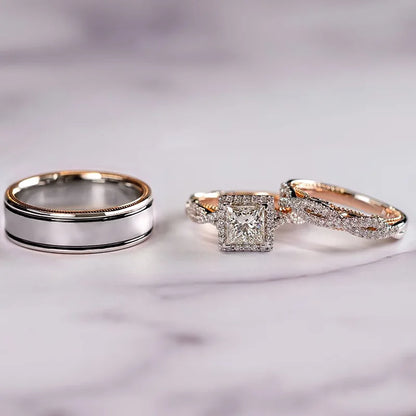 Luckacco 14K Gold Vintage 3-in-1 Promise Ring Set Lab Diamond Engagement Wedding Band Rings for Women Men Party Jewelry