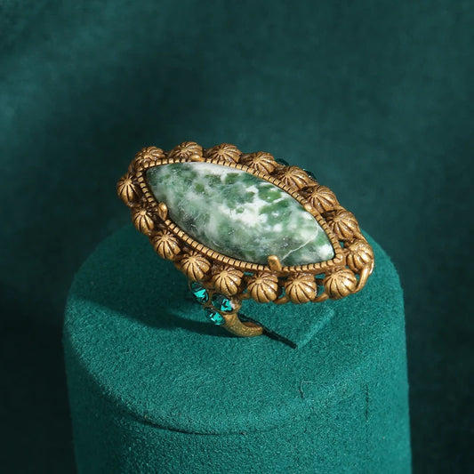 Luckacco Vintage Wedding Rings for Women Round Blue Natural Oval Green Crystal Horse Eye Shape Glass Retro Pattern Gold Color Jewelry