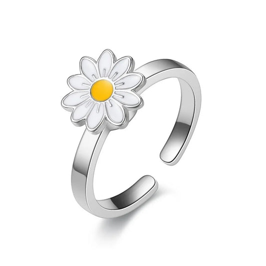 Luckacco Titanium Stainless Steel Ring For Women Rotate Rotating Anxiety Fidget Adjustable Rings Silver Color Jewelry Lovely Flower Bee