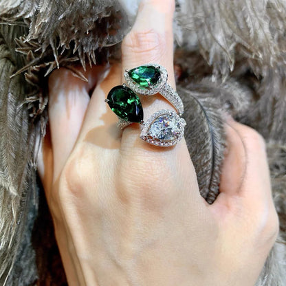 Luckacco Luxury Water Drop Lab Emerald Sapphire Open Ring Exquisite Silver 925 Banquet Finger Rings Valentine's Day Gifts