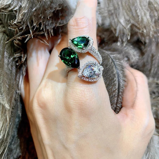 Luckacco Luxury Water Drop Lab Emerald Sapphire Open Ring Exquisite Silver 925 Banquet Finger Rings Valentine's Day Gifts