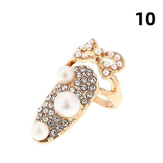 Luckacco Fashion Rhinestone Crown Flower Nail Ring Adjustable Opening Gold Plated Manicure Joint Ring for Women Party Jewelry